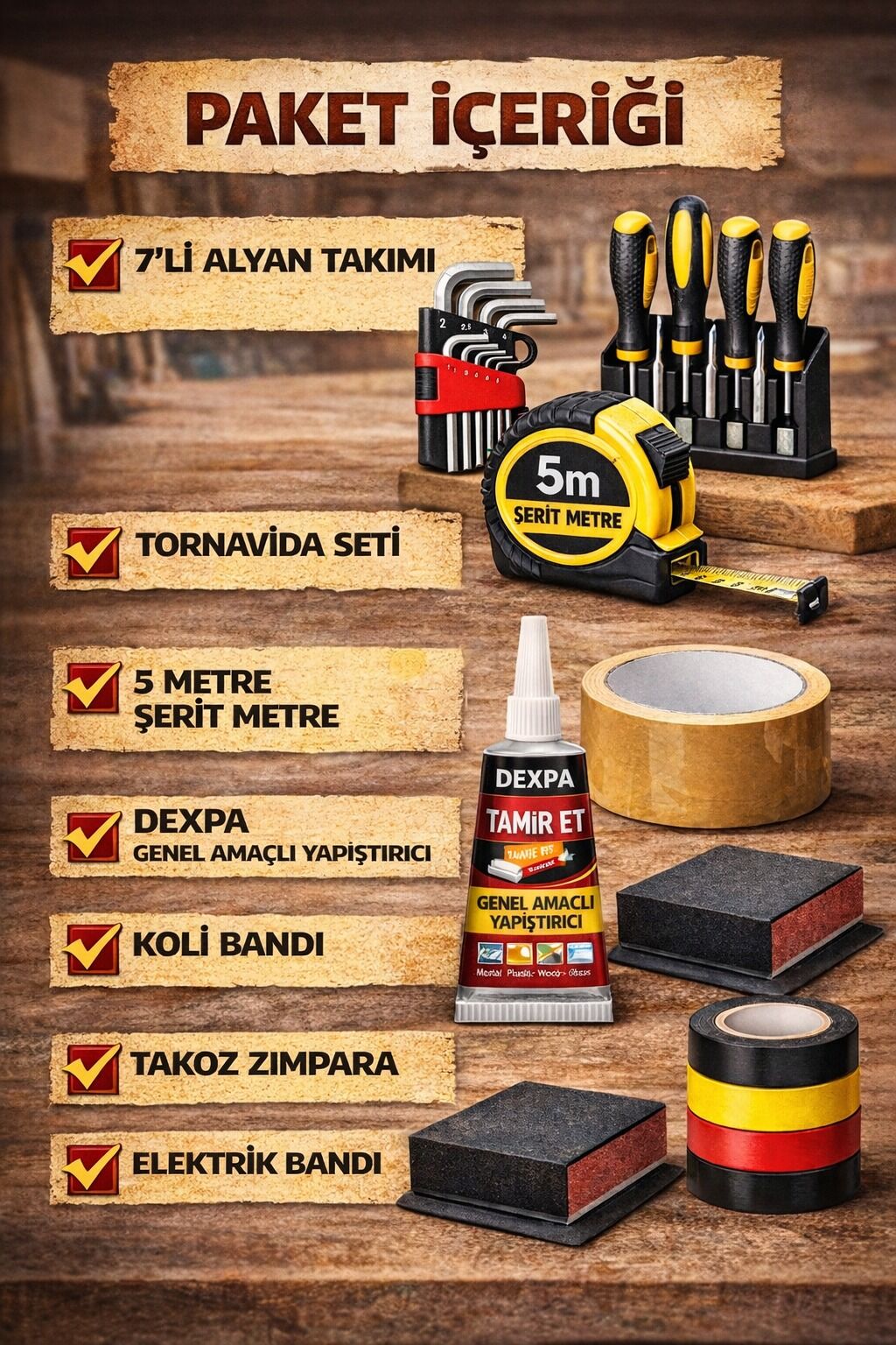 DEXPA Profesyonel Tamir & Montaj Seti – Zımpara, Yapıştırıcı, Alyan & Tornavida Seti, Şerit Metre, Bantlar