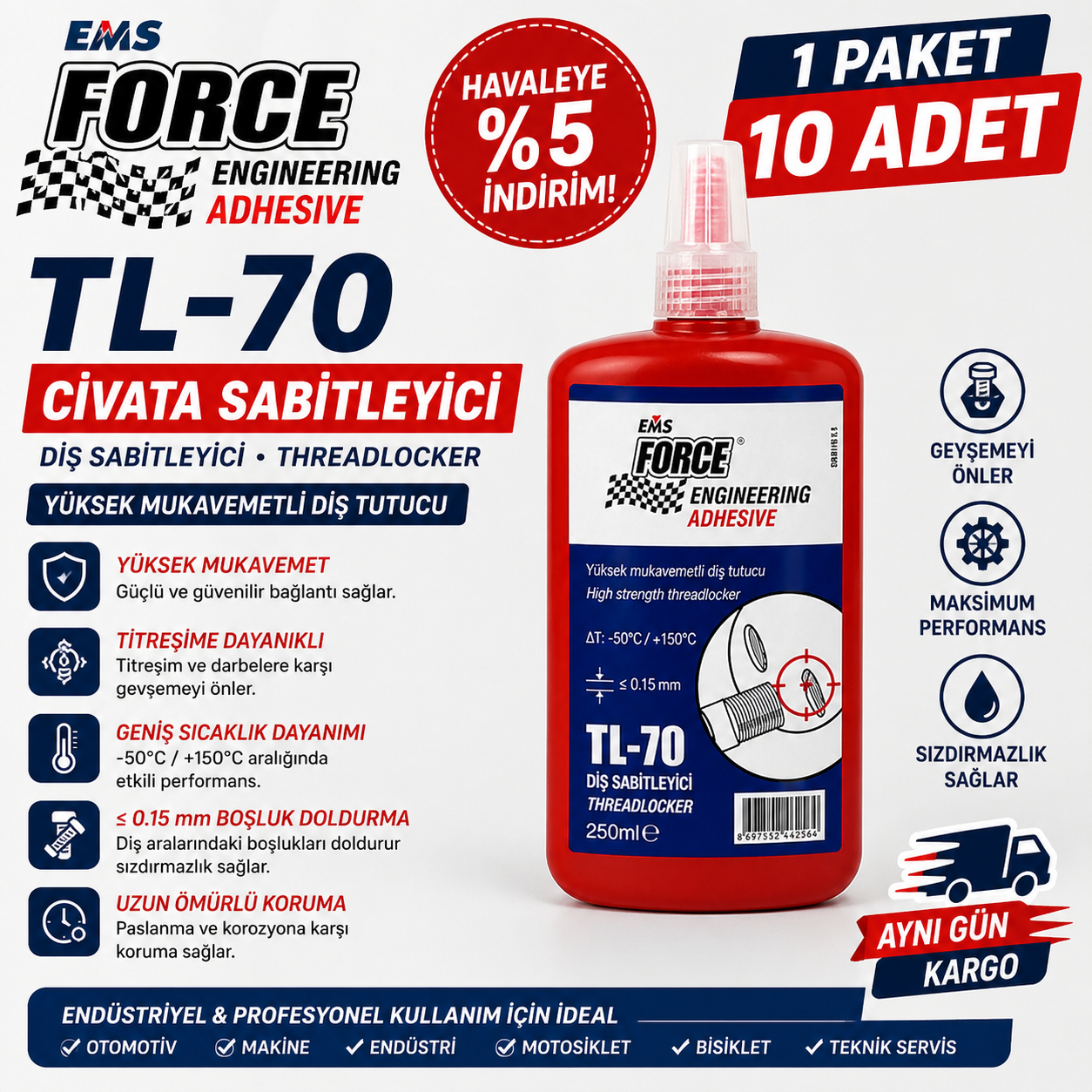 EMS TL-70 Civata Sabitleyici Yüksek Mukavemet 1 PAKET (10 ADET) - Vida Somun Gevşeme Önleyici Sıvı Sabitleyici