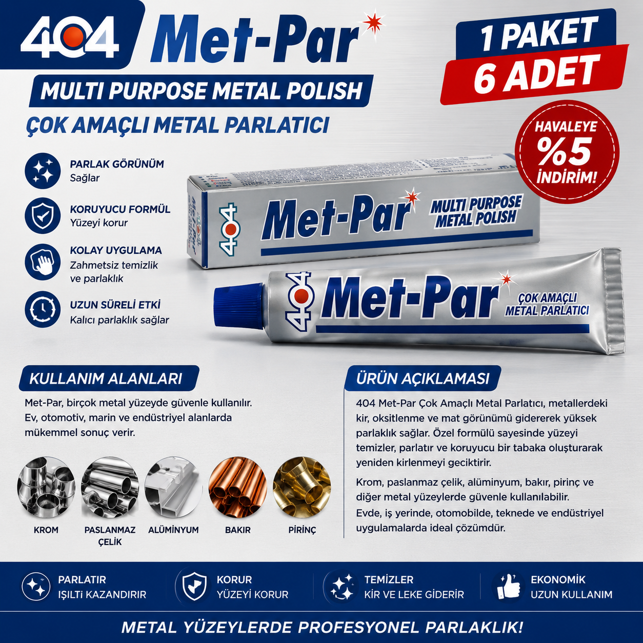 404 Met-Par Çok Amaçlı Metal Parlatıcı 1 Paket 6 Adet - Krom Çelik Alüminyum Metal Polish