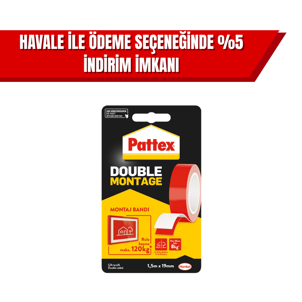 Pattex Double Montage Çift Taraflı Montaj Bandı | Güçlü Yapışkanlı Endüstriyel Bant (12’li Koli)