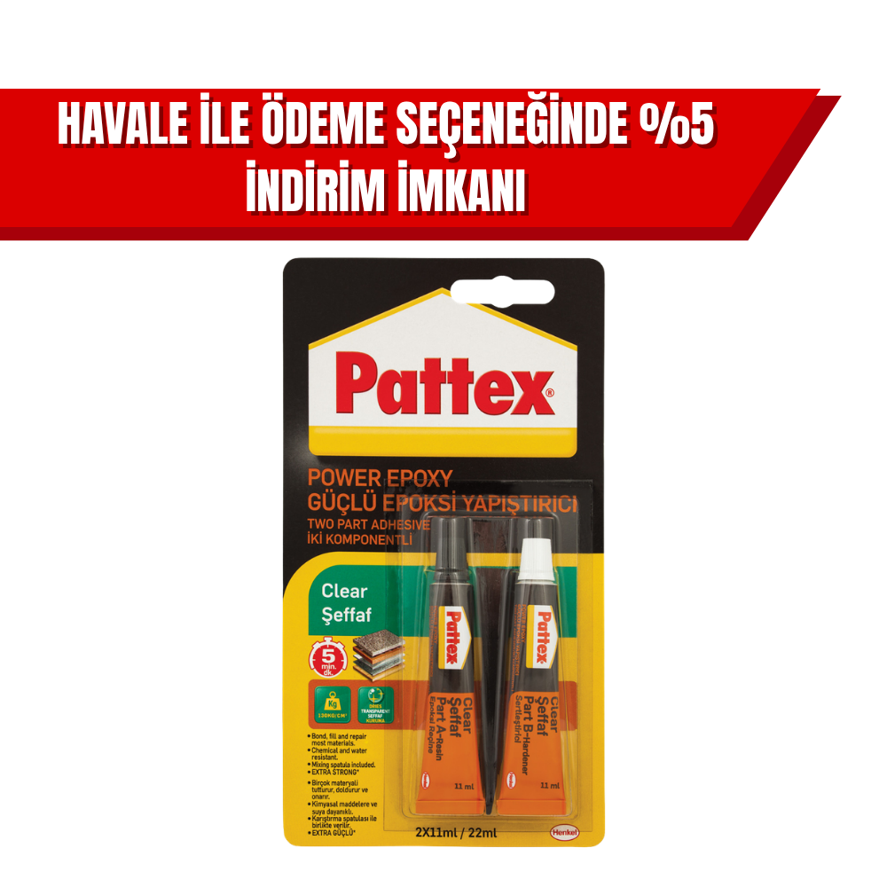 Pattex Şeffaf Epoksi Yapıştırıcı 2x11 gr | Güçlü Kristal Berraklıkta Çift Komponent Epoksi (12’li Koli)